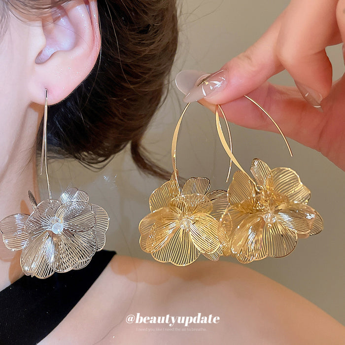 Layered Wire Flower Hook Earrings in Silver and Gold Tone