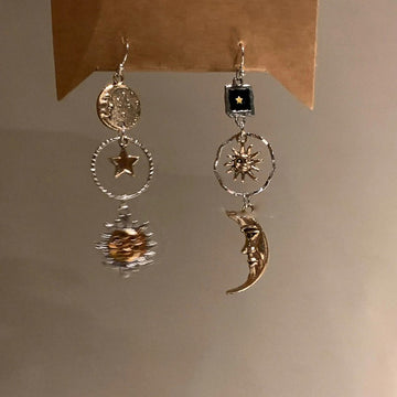 Asymmetric Celestial Sun Moon Hook Earrings With Decorative Metal Accents