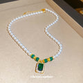 White Faux Pearl and Green Crystal Pendant Necklace view 2