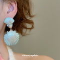Blue Shell Shaped Drop Earrings With Pearl Accents view 3