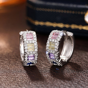 Silver Tone Multicolor Baguette Crystal Huggie Earrings