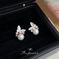 Gold Tone White Leaf Multicolor Stone And Large Pearl Stud Earrings view 4