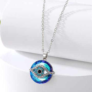 Silver Tone Blue Crystal Evil Eye Pendant Necklace