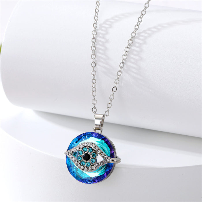 Silver Tone Blue Crystal Evil Eye Pendant Necklace