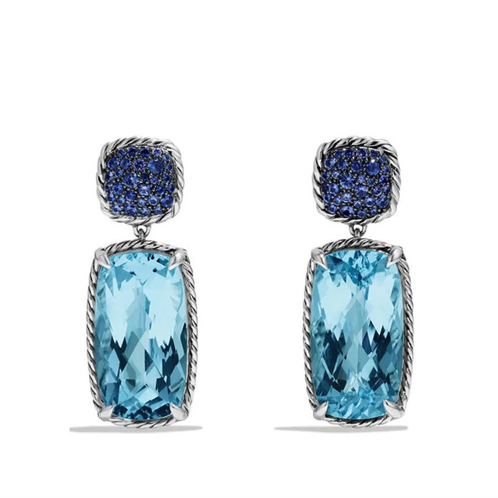 Silver Tone Aqua Blue Rectangular Drop Earrings Fashion Jewelry