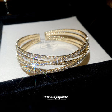 Gold Multi Layer Cross Open Bracelet Pave Zircon Cuff