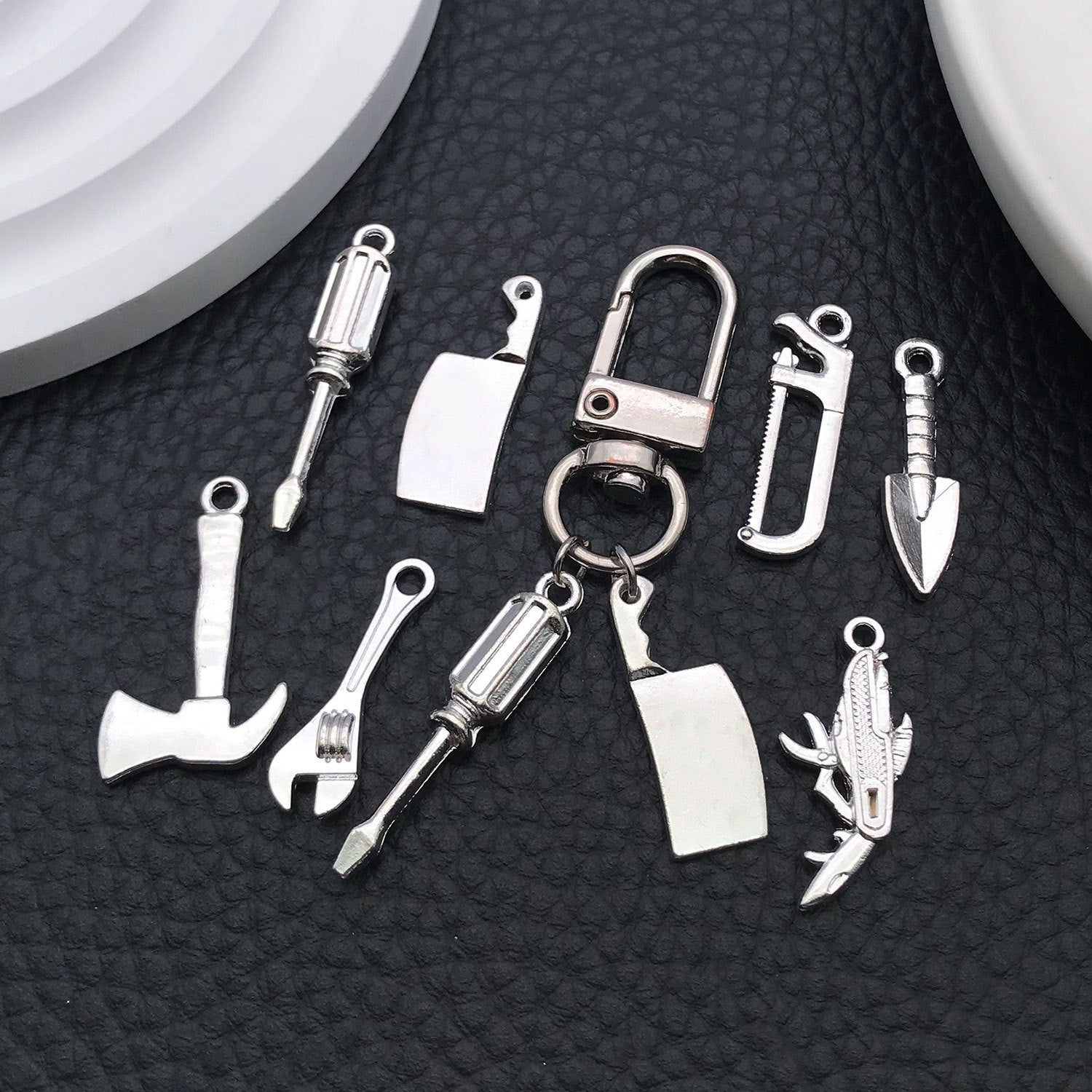 Bright Silver Zinc Alloy Hammer Saw Ruler Tool Charm Pendant for DIY Keychain Jewelry