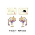 Gold Tone Purple Cocktail Glass Pearl And Clear Stone Stud Earrings view 3