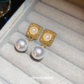 Gold Tone Square Pearl Drop Stud Earrings With Decorative Metal Accents view 2