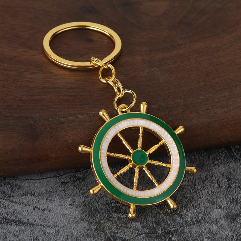 Nautical Anchor and Ship Wheel Metal Keychain with Blue White Charms