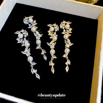 Silver And Gold Tone Floral Pearl Drop Earrings With Leaf Fringe