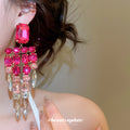Pink Crystal Chandelier Earrings with Multicolor Beaded Fringe Drops view 3
