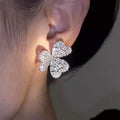 Crystal Three Leaf Clover Stud Earrings in Silver Tone view 3