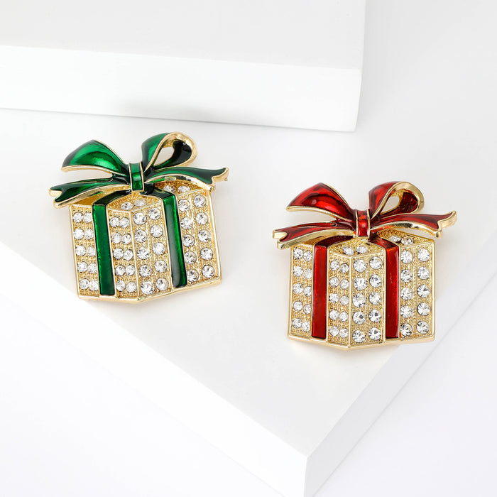 Crystal Christmas Gift Box Brooch Pin in Red or Green