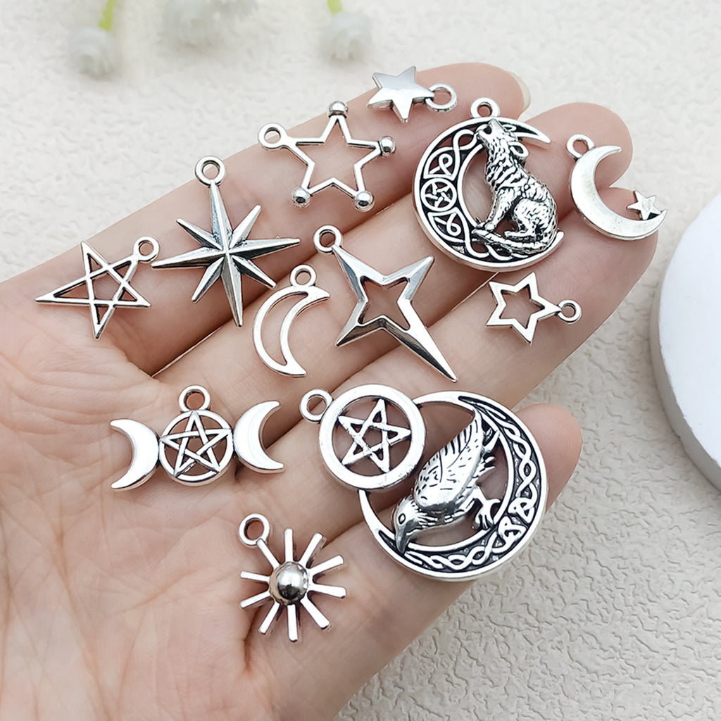 Antique Silver Zinc Alloy Five Point Star Sun Moon Charm Pendant for DIY Jewelry