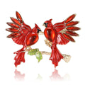 Pair of Red Cardinal Birds Enamel Brooch with Green Leaves view 5