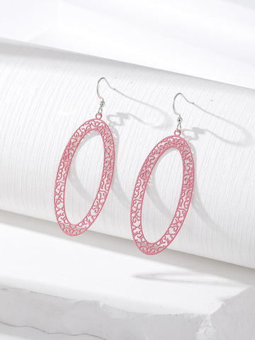 Silver Tone Long Oval Openwork Hook Earrings in Five Colors
