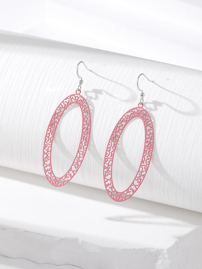 Silver Tone Long Oval Openwork Hook Earrings in Five Colors