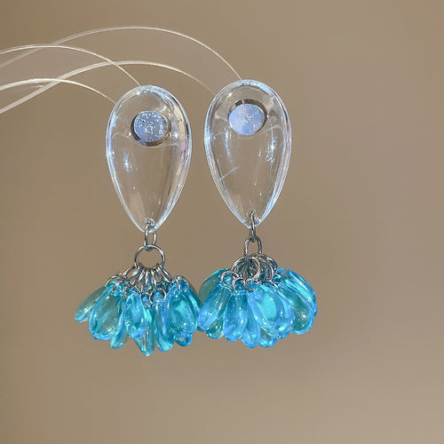 Transparent teardrops finished with clustered faceted crystal beads shown in a styled front view.