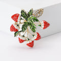 Red Enamel Strawberry Cluster Brooch Green Leaves Gold view 1