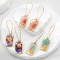 Gold Tone Rectangular Pressed Flower Resin Long Drop Earrings view 4
