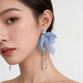 Blue Purple and Pink Fabric Petal Long Dangle Earrings view 2