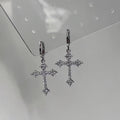Silver Tone Crystal Cross Dangle Huggie Earrings with Decorative Accents view 3