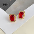 Gold Rectangular Red Stone Stud Earrings Beaded Frame Pair view 3