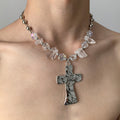 Silver Hammered Cross Pendant Necklace Clear Crystal Beads view 3