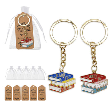 Back To School Stacked Books Keychain Gold Ring Red Blue