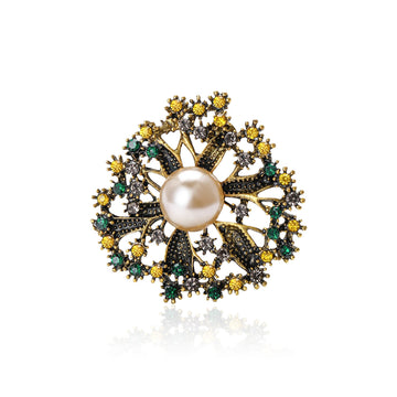Round Openwork Crystal Flower Brooch With Pearl Center