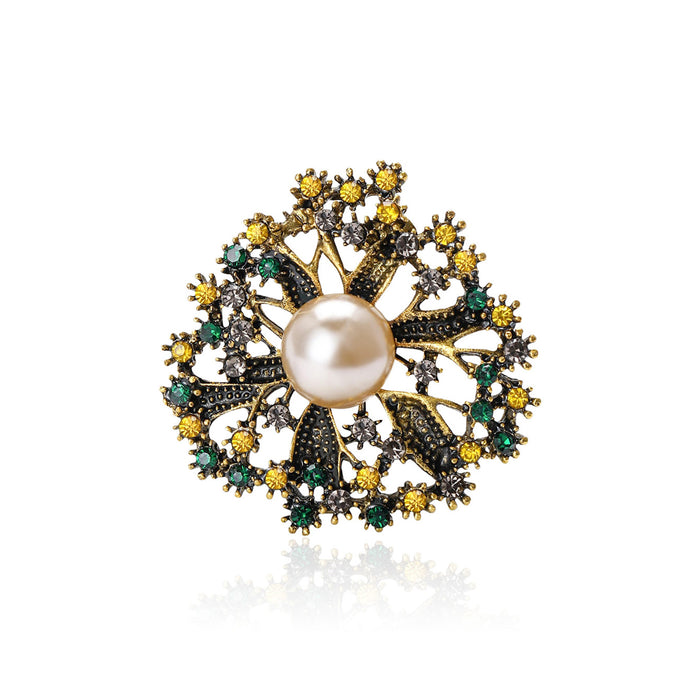 Round Openwork Crystal Flower Brooch With Pearl Center