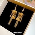 Gold Tone Lotus Multi Chain Tassel Hook Earrings Jewelry Pair view 4
