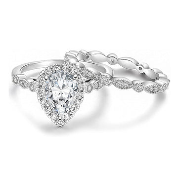 Silver Pear Halo CZ Bridal Ring Set Marquise Band Sizes 6-10