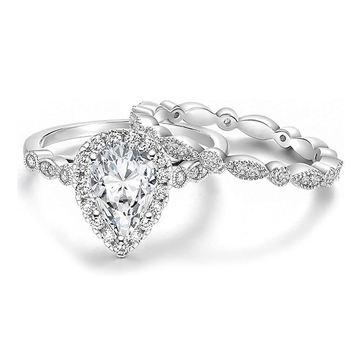 Silver Pear Halo CZ Bridal Ring Set Marquise Band Sizes 6-10