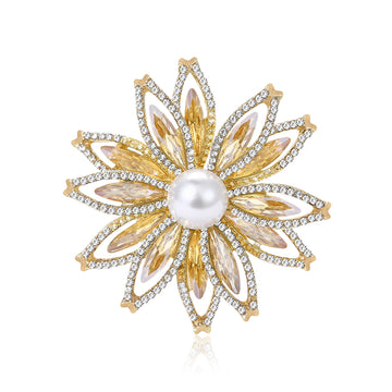 Layered Crystal Sunflower Brooch with Pearl Center