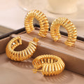 Gold C-Shape Ribbed Hoop Earrings Bold Copper Metal Finish view 4