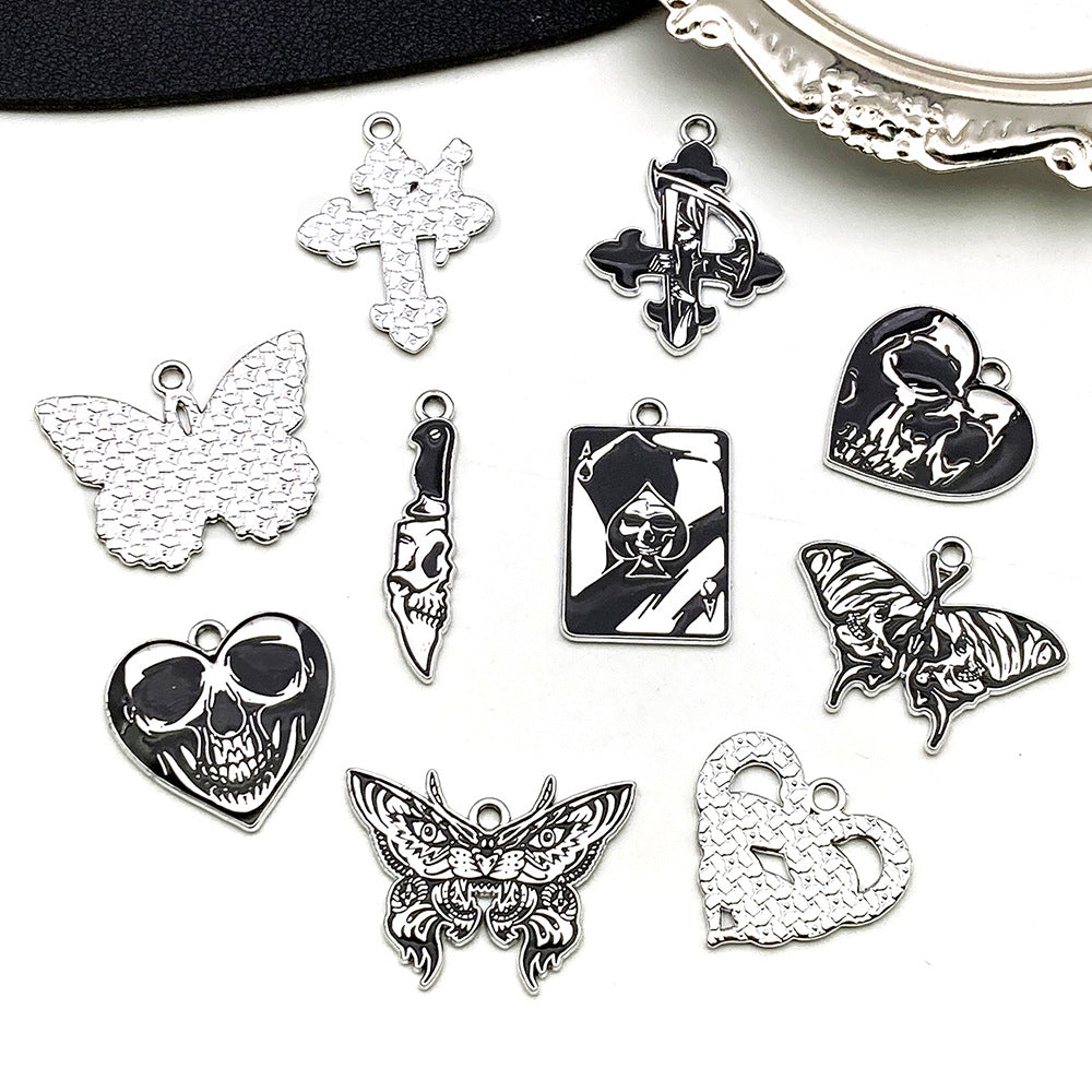 Zinc Alloy Dark Butterfly Skull Cross Poker Heart Charm Pendant for DIY Earring Necklace