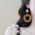 Woven Rattan Drop Earrings in Triangle and Round Shapes view 2