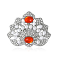 Silver Pearl Crystal Floral Brooch Red Green Cabochons view 1