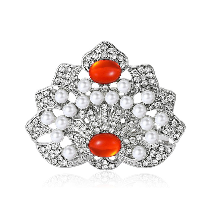 Silver Pearl Crystal Floral Brooch Red Green Cabochons