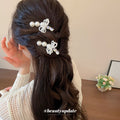 Pearl Triple Bead Bow Rhinestone Duckbill Hair Clips view 3