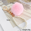 Faux Fur Pom-Pom Keychain with Faux Pearl Wristlet Strap view 2