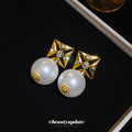 Gold Black Square Stud Earrings with White Pearl Drops view 4
