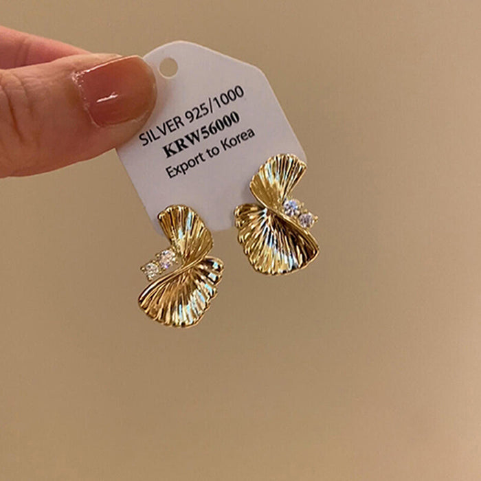 Gold Tone Textured Fan Twist Stud Earrings with Crystals