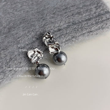Silver Tone Crumpled Metal Top And Gray Pearl Drop Stud Earrings