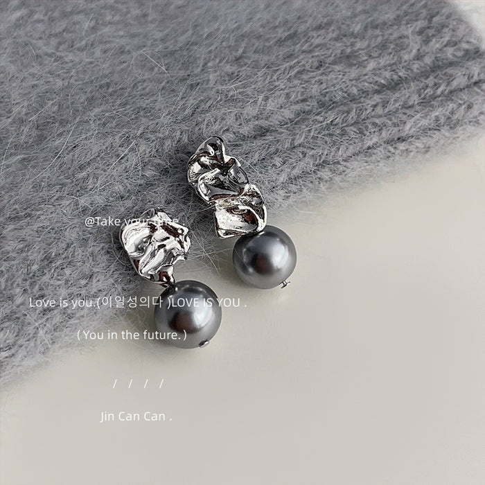 Silver Tone Crumpled Metal Top And Gray Pearl Drop Stud Earrings