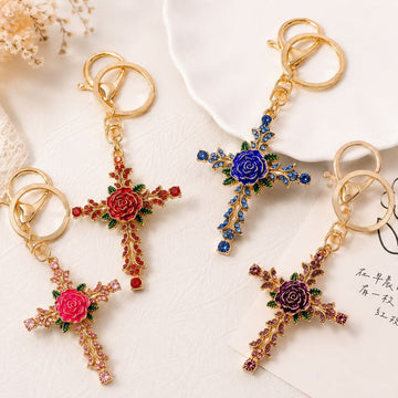 Rose Enamel Cross Keychain Rhinestone Metal Bag Charm