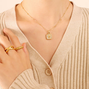 Square Butterfly White Shell Pendant Necklace Gold or Steel