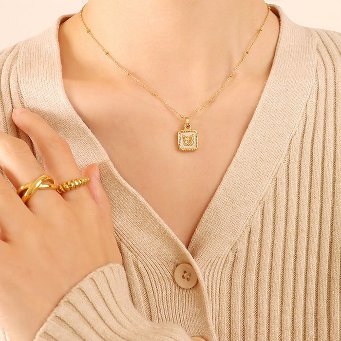 Square Butterfly White Shell Pendant Necklace Gold or Steel